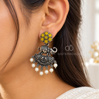 Oxidized elephant motif jhumka earrings with yellow stones and pearl drops | SISTERHOODS-SHA256:39cd773ad25b85d760bdbc740a67f02ae0c90d6bbf44a3e116739b5a9ce06dfe